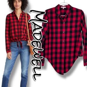 Madewell Flannel Tie-Front Shirt Cranberry Buffalo Check Button Down Womens M